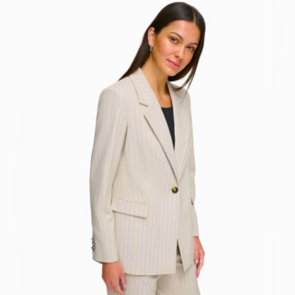 DKNY PETITE BLAZER PINSTRIPED SINGLE-BUTTON WOMEN NOTCH LAPEL TAN COLOR SIZE 6P